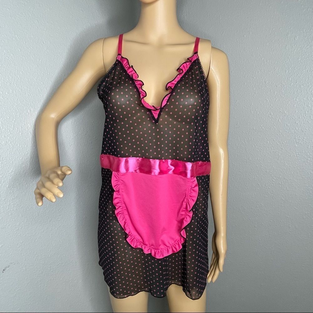 Seven Til Midnight Black with Pink Polkadot And Ribbon Maid Apron One Size Queen